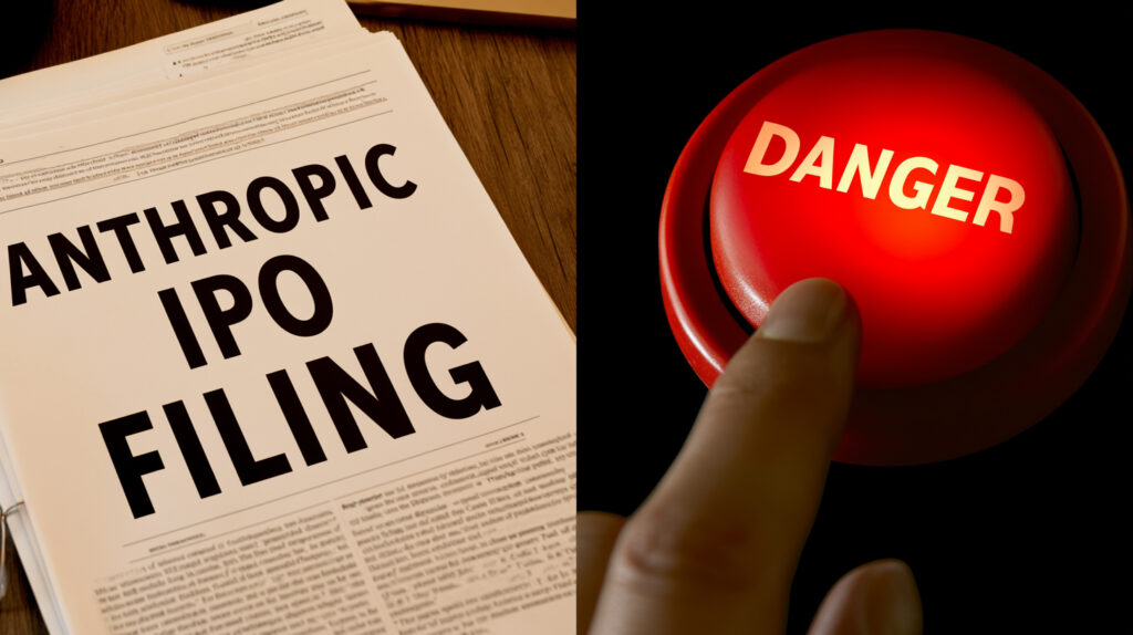 A split image showing an IPO filing document on one side and a warning sign on the other representing Anthropic filing for IPO three days before warning AI is approaching recursive self-improvement and out of control