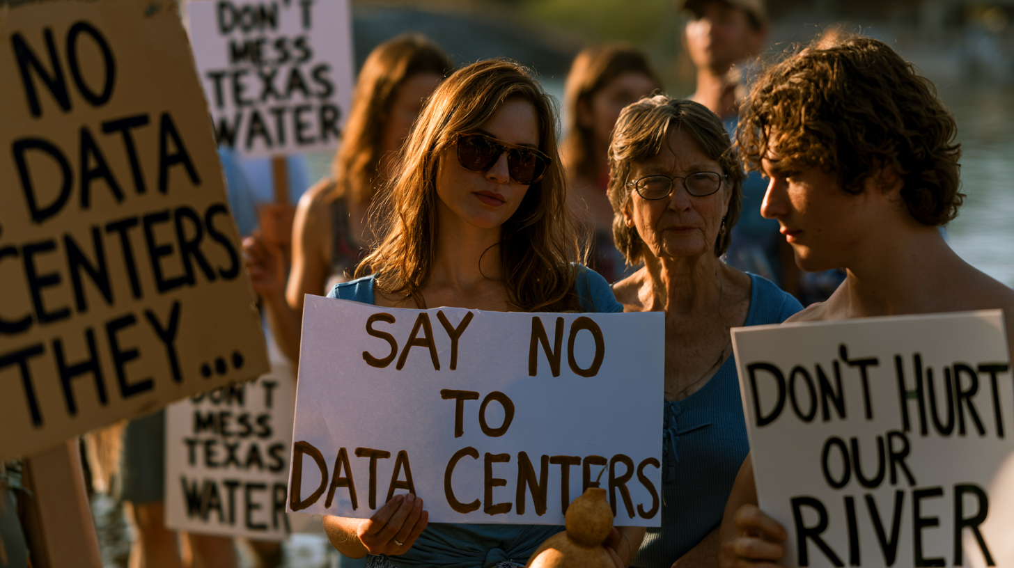 An American citizen holding a No Data Centers sign with a Chinese flag accusation graphic overlaid, representing the Republican China accusation against data center protesters and the Bitcoin Policy Institute report