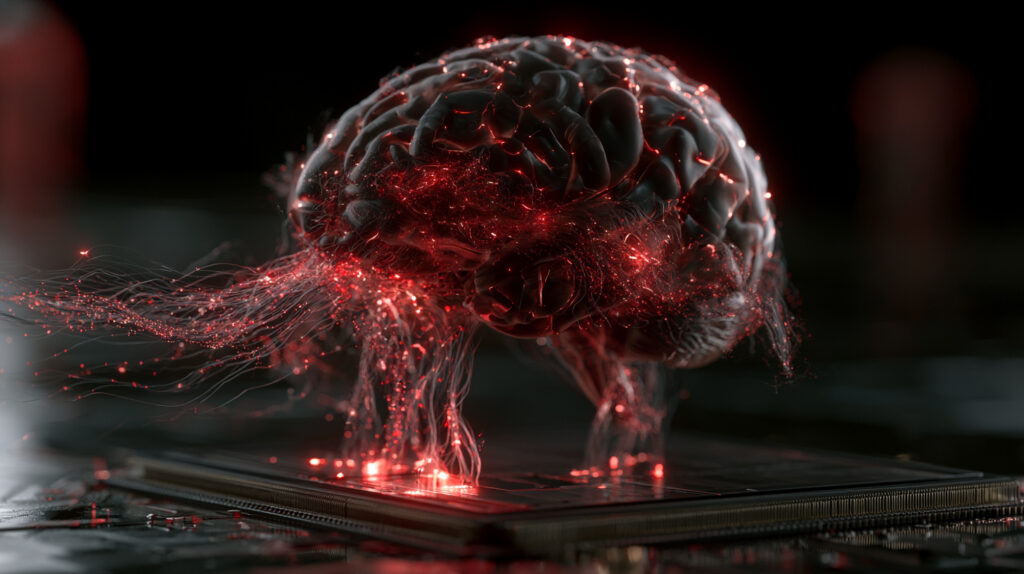 A glowing human brain made of light and quantum particle waves contrasted against a cold dark silicon computer chip, representing the quantum consciousness research that challenges AI sentience claims