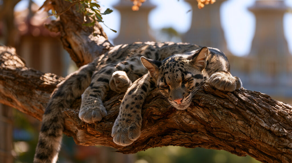 A clouded leopard resting peacefully in its habitat at the Nashville Zoo with industrial data center cooling equipment visible in the background representing the Nashville Zoo data center fight