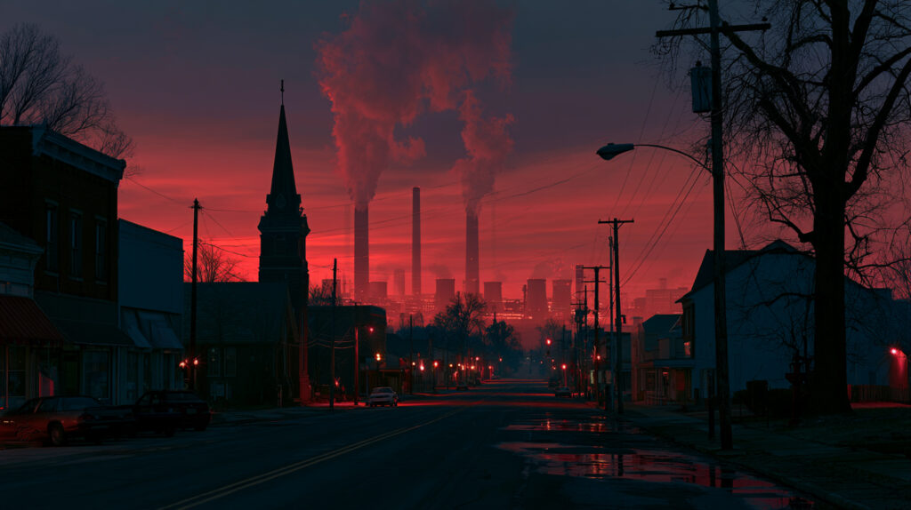 : A small American town main street with a massive industrial AI data center looming on the horizon behind it, representing the community impact of data centers on local electricity bills, noise pollution, and false job promises
