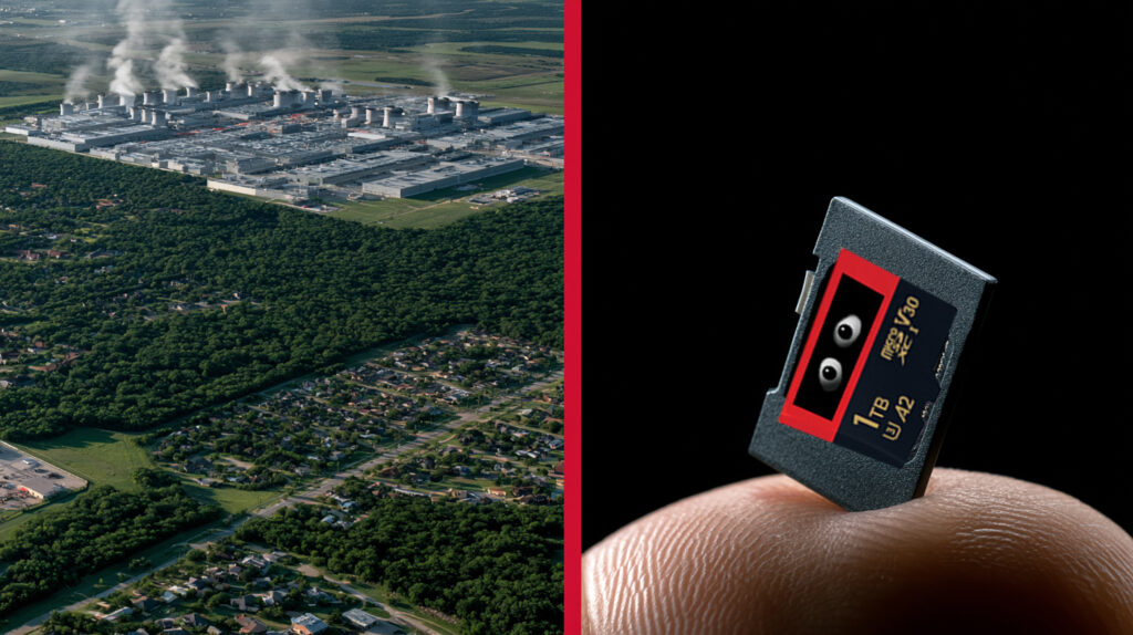 A massive AI data center campus sprawling across hundreds of acres of Texas land, contrasted with a micro SD card on a fingertip, illustrating the AI data center land use crisis and Moore's Law